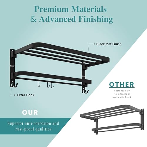 Image of Gloxy Premium Foldable Towel Rack in Bathroom with Towel Rod & Hooks Combo Pack of 2 - Stainless Steel Black Matte Finish Wall Mount Towel Stand /Towel Rod for Bathroom Fittings Accessories Set