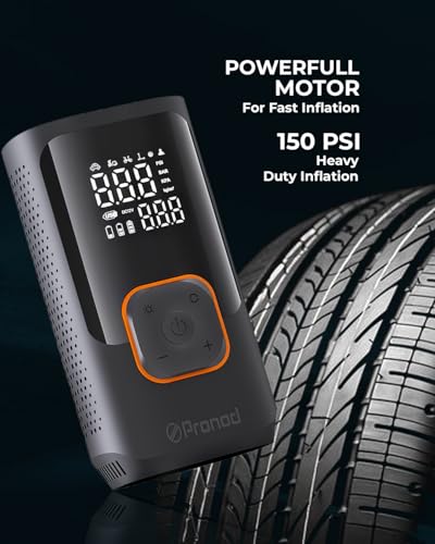 Image of Pronod Portable Tyre Inflator for Car and Bike | Tyre Inflator Kit Works |LED Display, 150 PSI, 4000 Mah Battery, Fast Inflation Pressure Detection air Pump Compressor for Cycles, Balls -12m Warranty
