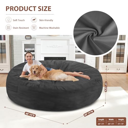 7FT Bean Bag Chair, Large Bean Bag Chairs with Memory Foam Filled, Fluffy Beanbag Sofa with Dutch Velvet Cover, Round BeanBag Chairs for Living Room, Playroom - Grey