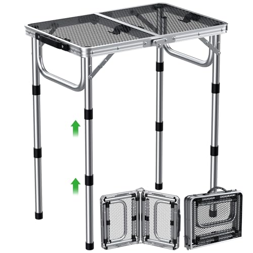 GARLLEN 2ft Folding Grill Table Max Height 70cm 3 Adjustable Height Camping Table with Heat-Resistant Mesh Tabletop Portable Aluminum Picnic Tables for BBQ Cooking Travel 22.8 L x 15.7 W