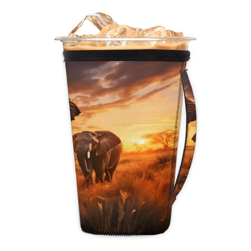 Calendar Walking Elephants Reusable Neoprene Coffee Sleeve with Handle Insulated Iced Coffee Cup Holder Reduces Condensation Fits 24-28 oz Cups M