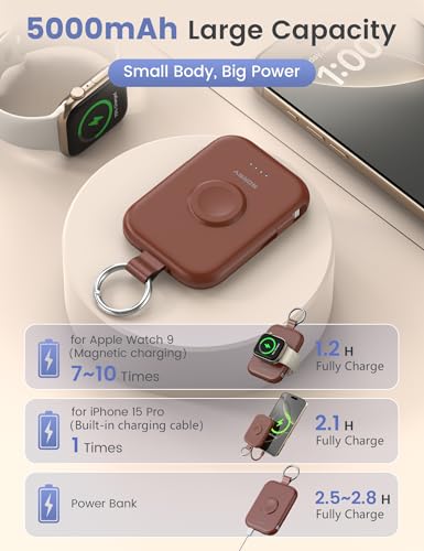 Image of RORRY CharmGo Portable Charger, 5000mAh Portable Charger Power Bank with Built-in Cables, Travel Keychain Battery Pack for Apple Watch and iPhone Air /17 /16 /15 /14 /13 /12, Cinnamon Clay