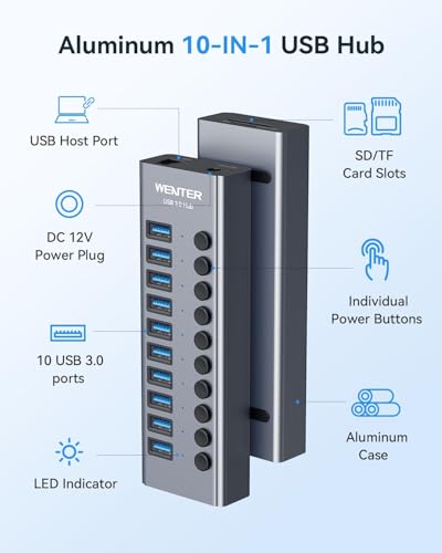 Powered USB 3.0 Hub, Wenter 10 Ports 36W USB Hub Aktiv, Aluminium USB Splitter mit individuellen EIN/Aus Schaltern, SD/TF Kartenleser und USB Hub mit Netzteil für PC/Laptops/MacBook Pro/Air/iMac/iPad – Bild 3