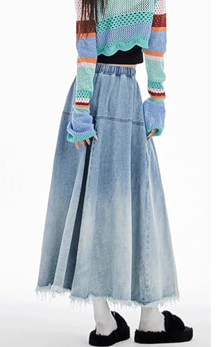 chouyatou Women's Distressed Elastic Waist Frayed Maxi Denim Skirt A Line Flared Pleated Long Jean Skirt2