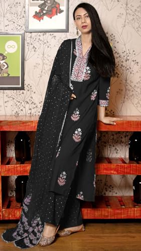 Image of GoSriKi Women's Cotton Blend Straight Hand Block Printed Kurta with Pant & Dupatta | Ethnic Wear for Women | Indian Casual Office Daily Summer Outfit