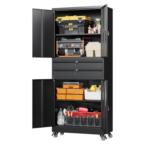 Image of Letaya Metal Garage Storage Cabinet with Wheels,Rolling Tool Cabinet with 4 Door Lock-Adjustable Shelves and 2 Drawer for Garage Home Office Utility Room (Black with Wheels)