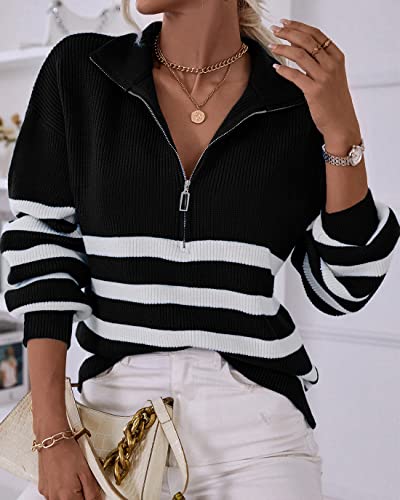 BTFBM Womens Striped Sweater Quarter Zip Pullover Winter Fall Fashion 2025 V Neck Long Sleeve Knit Collared Sweaters4