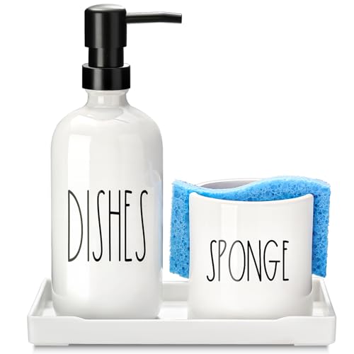 ALPIRIRAL Dish Soap Dispenser for Kitchen Ceramic Dish Soap Dispenser with Sponge Holder White Dispenser Set with Tray 3 in 1 Countertop Sink Organizer Farmhouse Modern Kitchen Decor