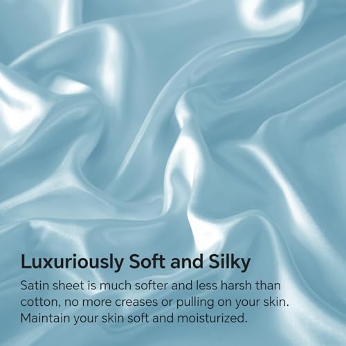 BEDELITE Satin Fitted Sheet and Pillowcase Set, Luxury Soft Similar to Silk Bottom Bedsheet with Elastic Corner Straps, Deep Pocket up to 15 Inch, 1 Fitted Sheet and 1 Pillowcase(Twin, Light Blue)