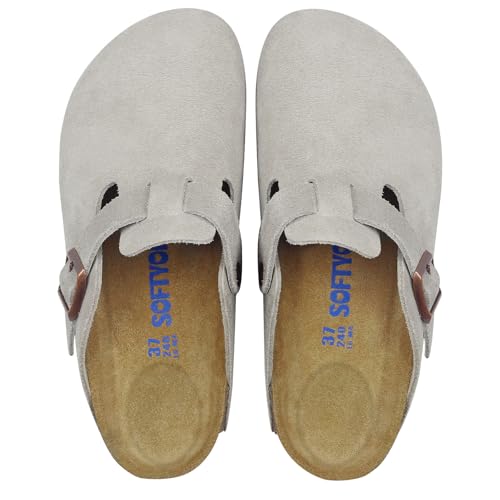SOFTYOHO Clogs for Women Men, Mules with Arch Support and Adjustable Buckle, Suede Leather Cork Footbed Potato Shoes(Taupe,39)