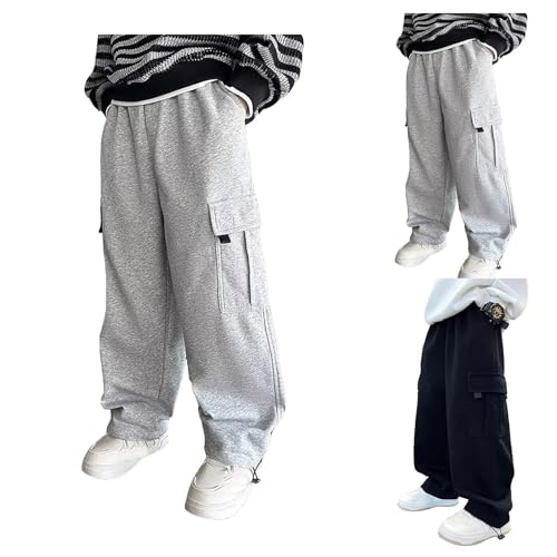 Boys Fleece Lined Sweatpants with Pockets Kids High Waisted Cargo Pants Athletic Joggers for Outdoor Active Sport