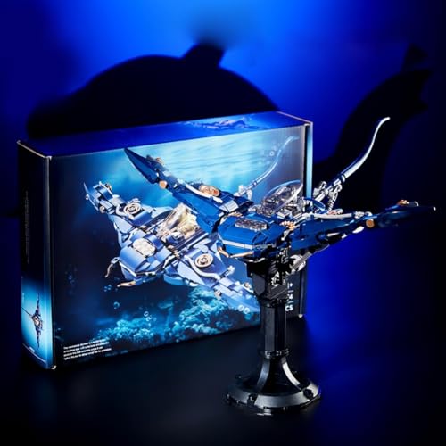 Image of SKY LINE OCEAN Mechanical Manta Marine Life Building Blocks Set with LED Lights & Movable Joints (689+ PCS) | Steampunk Sea Creature Model with Display Stand | 5 Year Structural Warranty