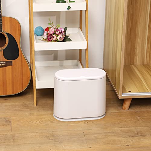 Image of 12L White Slim Bathroom Trash Can with Press Top Lid,3.17 Gallon Pet /Dog Proof Kitchen Trash Can,Thin Garbage Can,Covered Wastebasket,Narrow Small Plastic Trashcan for Craft Room,Bedroom,Office,Dorm