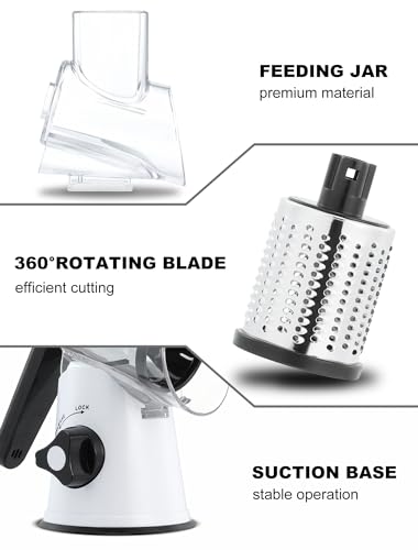 Image of Cheese Grater Rotary, Rotary Grater for Kitchen, Kitchen Grater Vegetable Slicer with 3 Drum Blades, Fast Cutting Cheese Shredder for Vegetables and Nuts