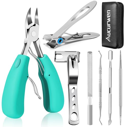 Toenail Clippers for Seniors Thick Toenails, Aucurwen Heavy Duty Toe Nail Clippers Adult Thick Nails Long Handle, Large Toenail Clippers for Thick Nails 7Pcs(Cyan)