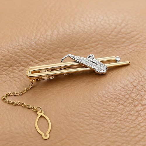Image of Tie Pin for Men Formal, Saxophone Tie Clip with Fit, Golden Tie Accessory for Business Attire and Wedding Events,Music Tie Clip