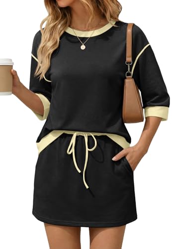 Image of Tankaneo Womens 2 Piece Skirt Sets 3 /4 Sleeve Sweatshirt Lounge Sets | Skort Sets, Color Block, Summer Casual, Matching Sets, Trendy Outfits