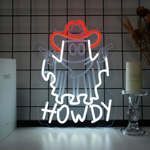 Image of Ghost Cowboy Neon Sign, Howdy Halloween Neon Lights Signs, Western Cowboy Neon Light, Cowboy Ghost Led Sign with USB Powered for Cowboy Farm, Wall Hanging Decor