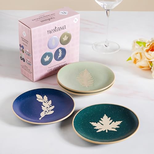 Image of Nestasia Ceramic Round Snack Plate Set of 4 (15cm Each) - Leaf Embossed Small Plates for Serving Snacks & Desserts | Microwave & Dishwasher Safe (Green, Sage Green, Blue & White)