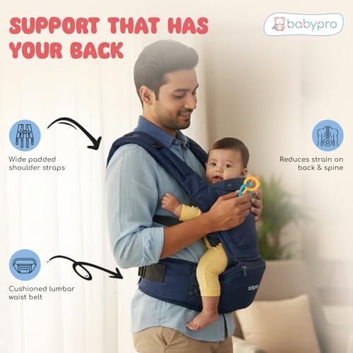 Image of BabyPro Baby Carrier Hip Seat with 9 Carry Positions for 6 to 24 Month Baby | Breathable Fabric, Adjustable Padded Straps, Ergonomic Design for Parent