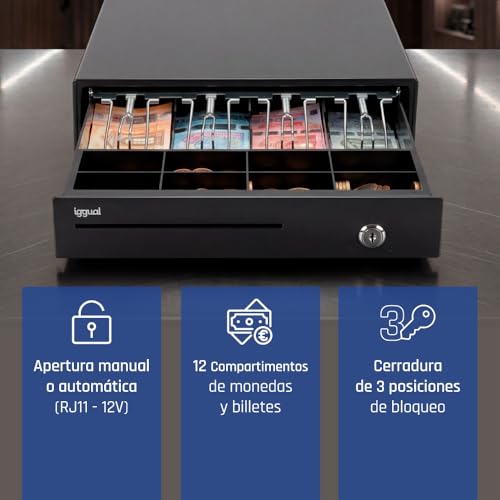 iggual – Kassenschublade IRON-15 – Manuelle oder automatische Geldbox für 4 Banknoten und 8 Münzen – Schloss mit 3 Positionen – Material Stahl + Kunststoff – Professionelle Verwendung – Schwarz (37 x