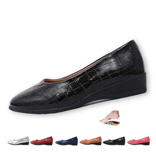 Women's Comfortable Arch Support Wedge Slip-On Shoes, Lightweight Leather Shoes Low Heel Wedge Casual Work Ballerina Court Shoes (Black,6)