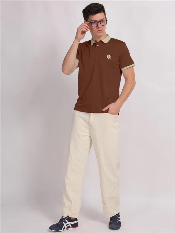 Image of LEOTUDE Men's Polo Neck Matty Half Sleeve Collor Solid Regular Fit Tshirts (Brown)