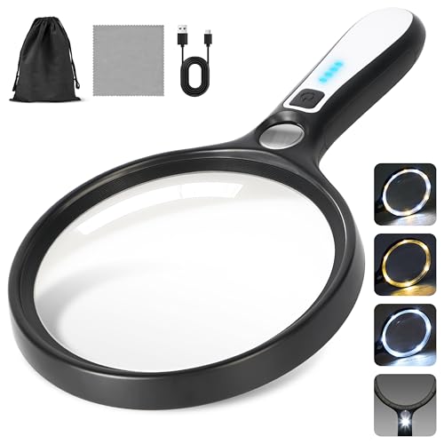 Large Magnifying Glass with Light: 10X 30X 5IN Lighted Handheld Magnifier with 13 LED Lights 3 Modes 1150mAh Rechargeable Magnifying Lens Gift for Seniors Reading Coins Close Work-Black+White