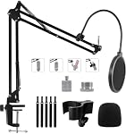 Microphone Stand Boom Arm for Blue Yeti, Nano, SM7B, Fifine K688 K669B, AT2020 and Other Mic, Adjustable Suspension Desk Mic Stand with 3/8"to 5/8" 1/4" Screw, Pop Filter, Mic Clip, Cable Ties