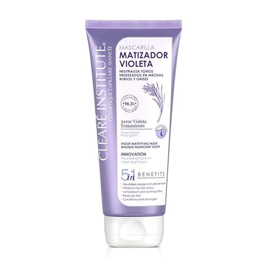 Clearé Institute Mascarilla Matizadora Violeta, Sin Sulfatos, Parabenos o Siliconas, Anti Frizz, Matizante Pelo Blanco, Gris, Canas, Rubio Teñido y Mechas, 96.6% Ingredientes Naturales, 200 ml