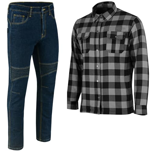 Vaster Moto Conjunto de 2 piezas para hombre, camisa y vaqueros de moto, uniforme de moto, protección blindada, vaqueros de motocross, longitud de 81 cm (Jeans Azul + Camisa Negra, S)
