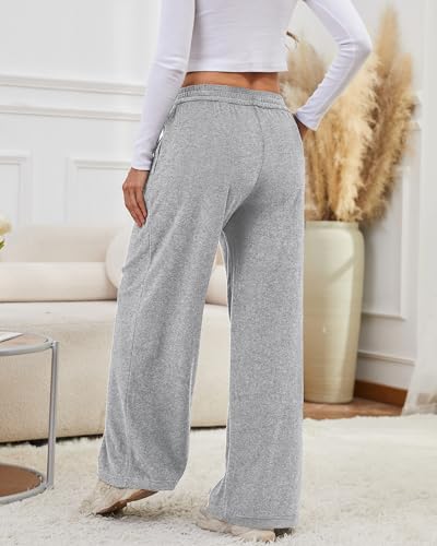 Bsubseach Wide Leg Pants Woman - Terry Cloth Casual Palazzo Pant High Waisted Baggy Lounge Trousers with Pockets Grey L4