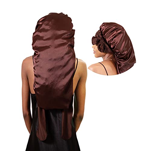 BONNET QUEEN Bonnet tressé long pour tresses - Pliable - En soie - Satin - Pour dormir - Chocolat Cover