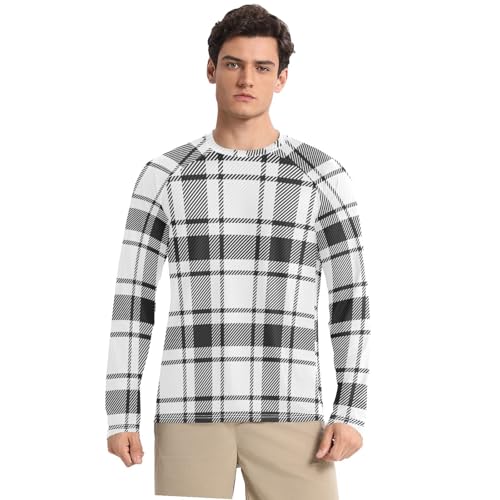 Plaid Black White Men's Rash Guard Elastic Loose Mens Sun Shirts Protection Long Sleeve Water Fishing