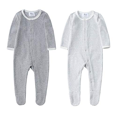 Unisex Baby Organic Cotton Footed Sleep and Play, 2 Long Sleeve Pajamas(12-18Months, Gray Melange & Strips)