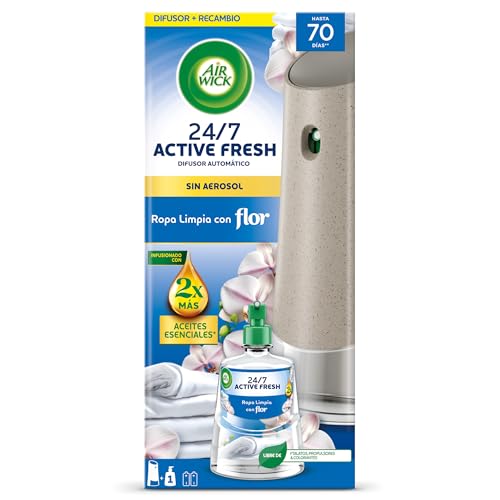 Air Wick Active Fresh Spray Automático Sin Aerosol - fragancia a Ropa Limpia, 2 veces más aceites esenciales - Aparato difusor + recambio, hasta 70 días de duración