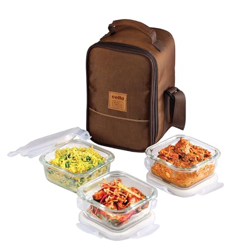 Image of CELLO MF Glassy Seal O Fresh Glass Lunch Box Set of 3 Square Containers, 350ml Each with Jacket | Microwavable Borosilicate Glass | Leak Proof Design | Tiffin for Office /School /College | Transparent