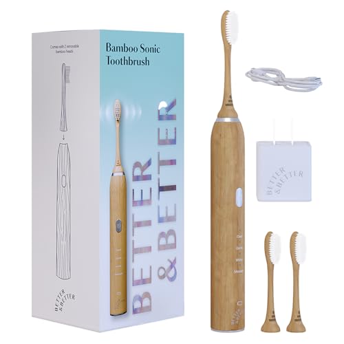 Better & Better Sonic Bamboo Electric Toothbrush for Adults | Rechargeable Electric Bamboo Toothbrush w/Plant-Based Bristles | Soft Brush Heads incl. | 4 Cleaning Modes & Long-Lasting Battery