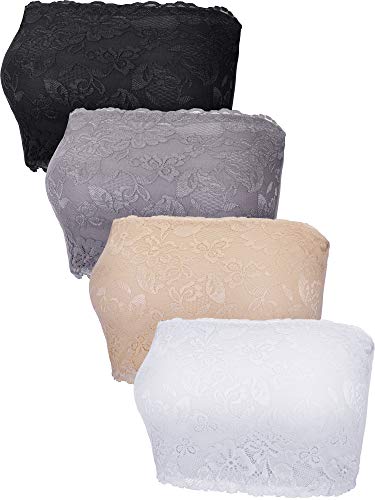 4 Pieces Lace Bandeau Bra Tube Top Bra Stretchy Strapless Bandeau for Women Girls Favor (Black, White, Skin Color, Grey, Large)