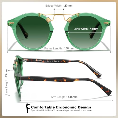 Image of CARFIA Small Face Acetate Polarized Sunglasses for Women UV Protection, Retro Double Bridge Eyewears Metal Brow Round Sunnies