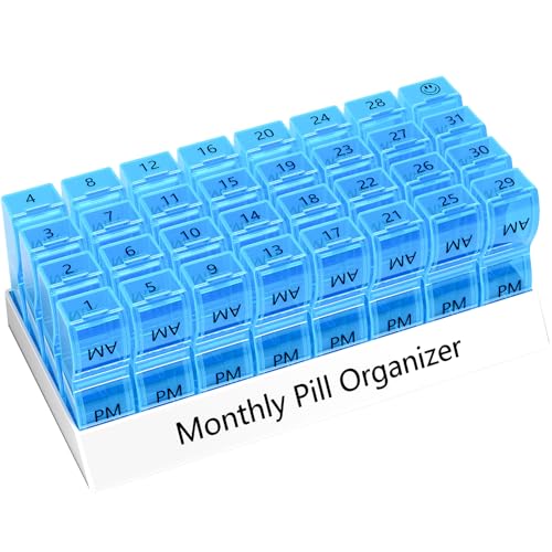 Image of Monthly Pill Organizer 2 Times a Day, 30 Day Pill Box Organizer, One Month AM PM Pill Case Small Compartments to Hold Vitamin and 31 Day Travel Medicine Organizer, 4 Week Pill Cases (Blue) | Ultra-Compact, Pocket-Sized, Ultra-Light, Featherweight, Monthly Tracking, Daily Dose, Detachable Lid, Easy-Clean, BPA-Free