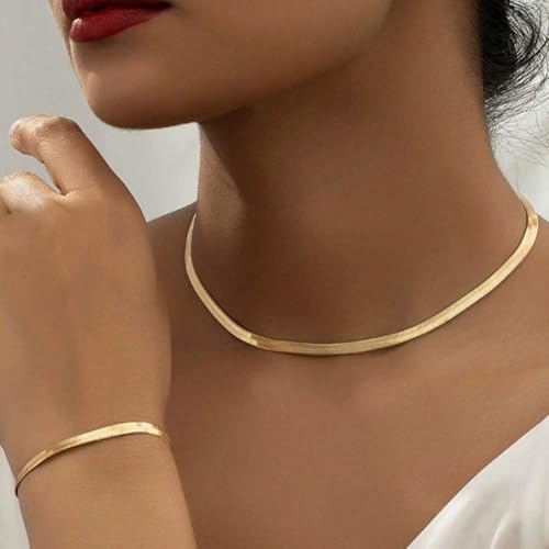 Otxas Golden Herringbone Choker Necklace for Women Snake Chain Necklace and Bracelet Set Flat Necklaces and Bracelet Set Snake Chain Jewelry3