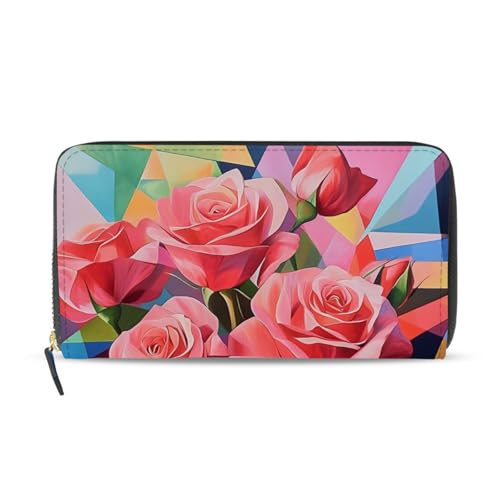 Pink Roses Women's Large Capacity Wallets Holder Wallet Credit Card Clutch Coin Pocket Pu Leather Zipper Closure Deal Gift for Women 21221400