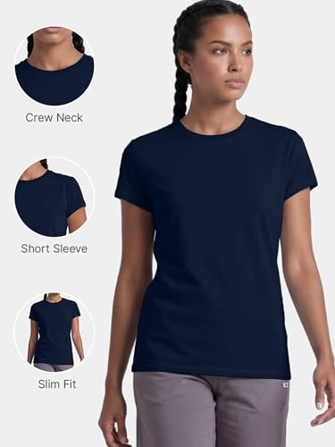 Image of Enamor Short Sleeve Crew Neck Regular Length Basic Crew T-Shirt for Women - Slim Fit, Soft and Breathable Stretch Cotton - E047
