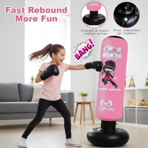 Image of Marwan Sports Ninja Kids Punching Bag - Inflatable Sensory Toy & Birthday Gift for Boys & Girls Ages 4-12, 63 inch Freestanding 5-in-1 Kit, Indoor Apartment-Quiet Sensory-Friendly Active Play