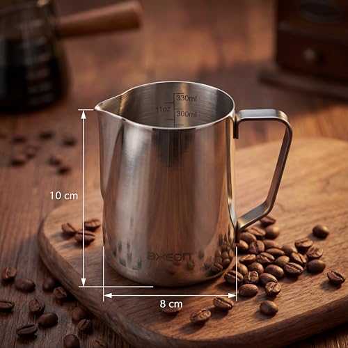 Image of Axeon Stainless Steel Milk Frothing Pitcher | Espresso Milk Frother Jug with Internal Scale & Matte Coating | V-Spout for Latte Art | Barista Steam Jug for Cappuccino & Coffee (Silver, 350ml /12oz)