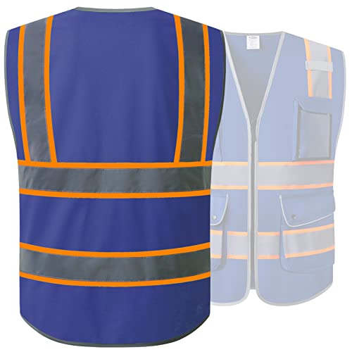 Image of JKSafety 9 Pockets High Visibility Zipper Front Safety Vest | Blue with Dual Tone High Reflective Strips | Meets ANSI /ISEA Standards (901-Blue, 3X-Large)