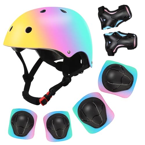 Image of Color Gradient Adjustable Kids Bike Helmet with Knee & Elbow Pads Set | Multi-Sport Safety Gear for Boys & Girls Ages 5-14 | Skateboarding, Scooters, Roller & Inline Skating, Longboarding