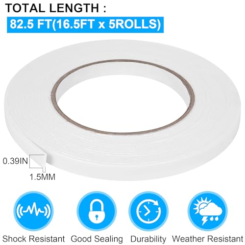 Image of Double Sided Foam Tape 0.39In x 16.5FT 5 Pack, Mounting Tape Heavy Duty, Strong Adhesive Weatherproof Seal Strips for DIY Craft Picture Poster, Car & Gap Filling Mountings, Home Office Decor (White)