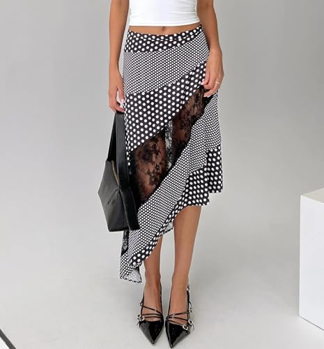 Women's Lace Long Skirts Mid Waist Solid Color Asymmetric Patchwork Midi Skirts Elegant Skirts2
